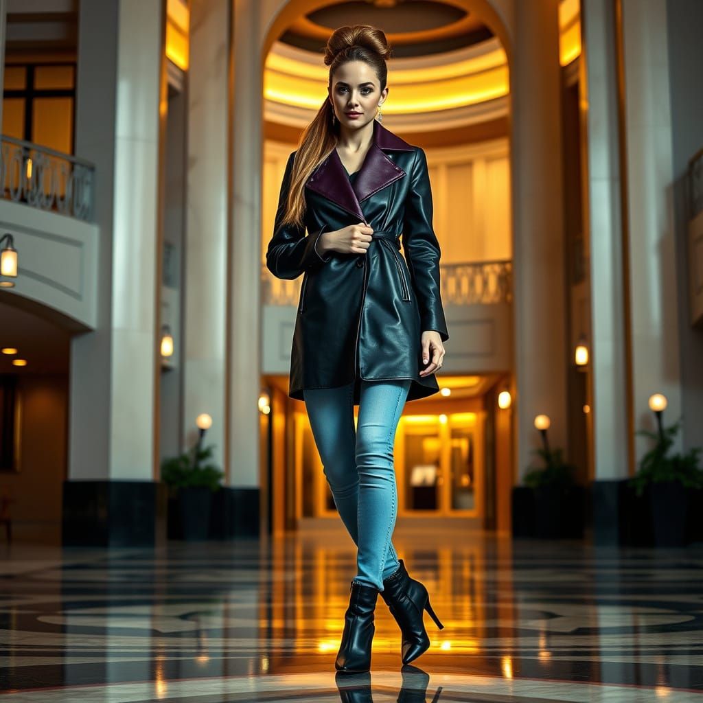 Woman in Art Deco Building: Leather Coat and Jeans