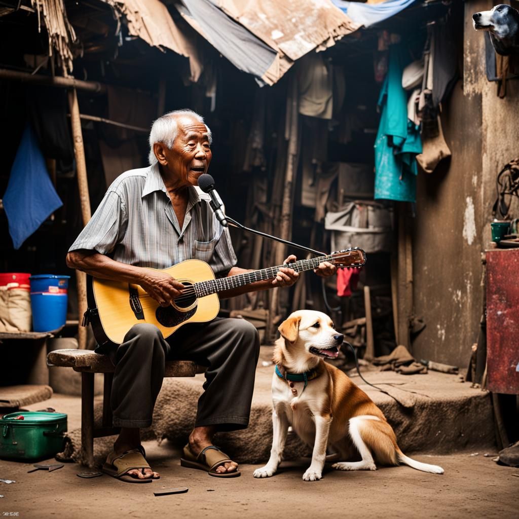 Filipino Man Singing Karaoke Watched by Dog