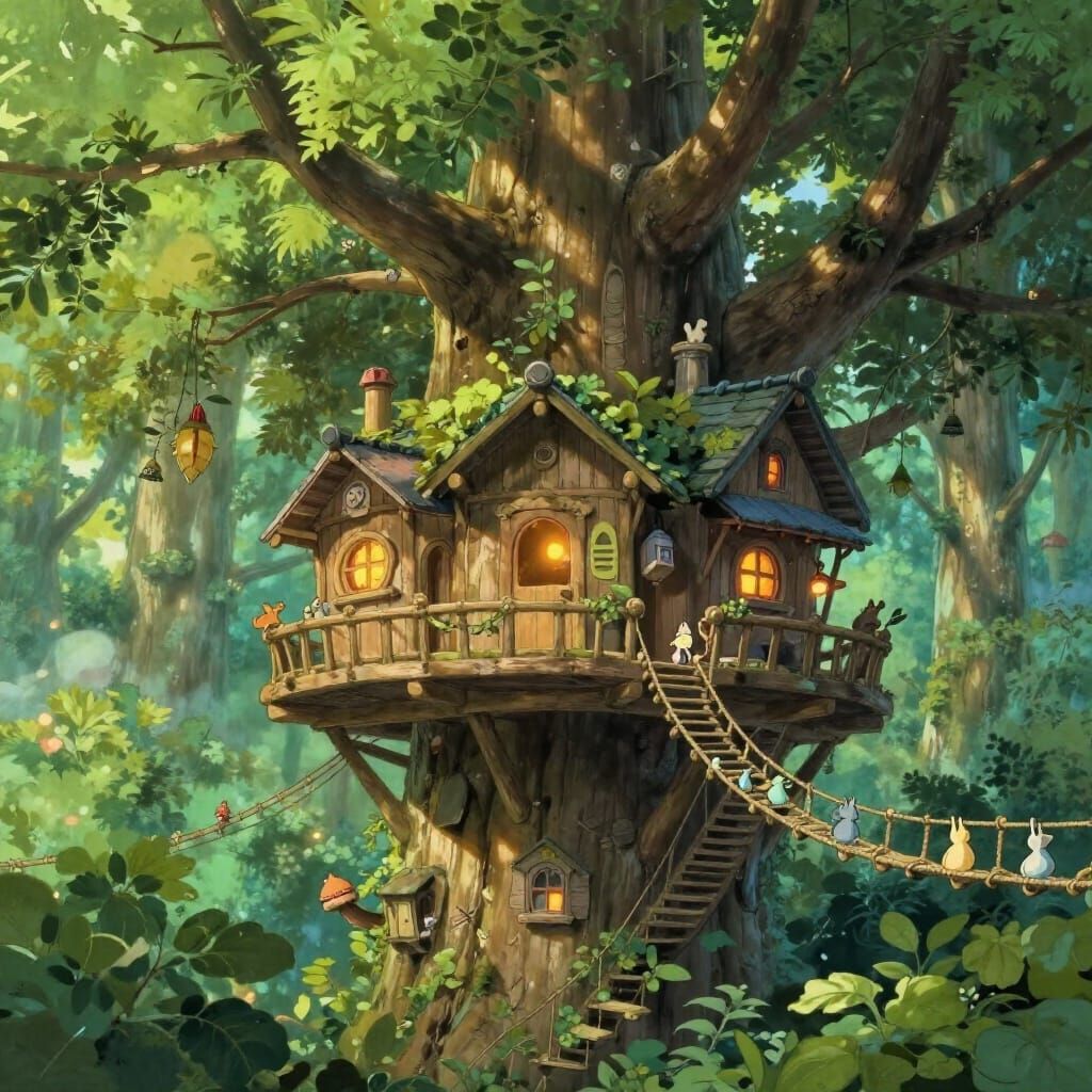 Whimsical Treehouse Village in Ancient Forest Canopy