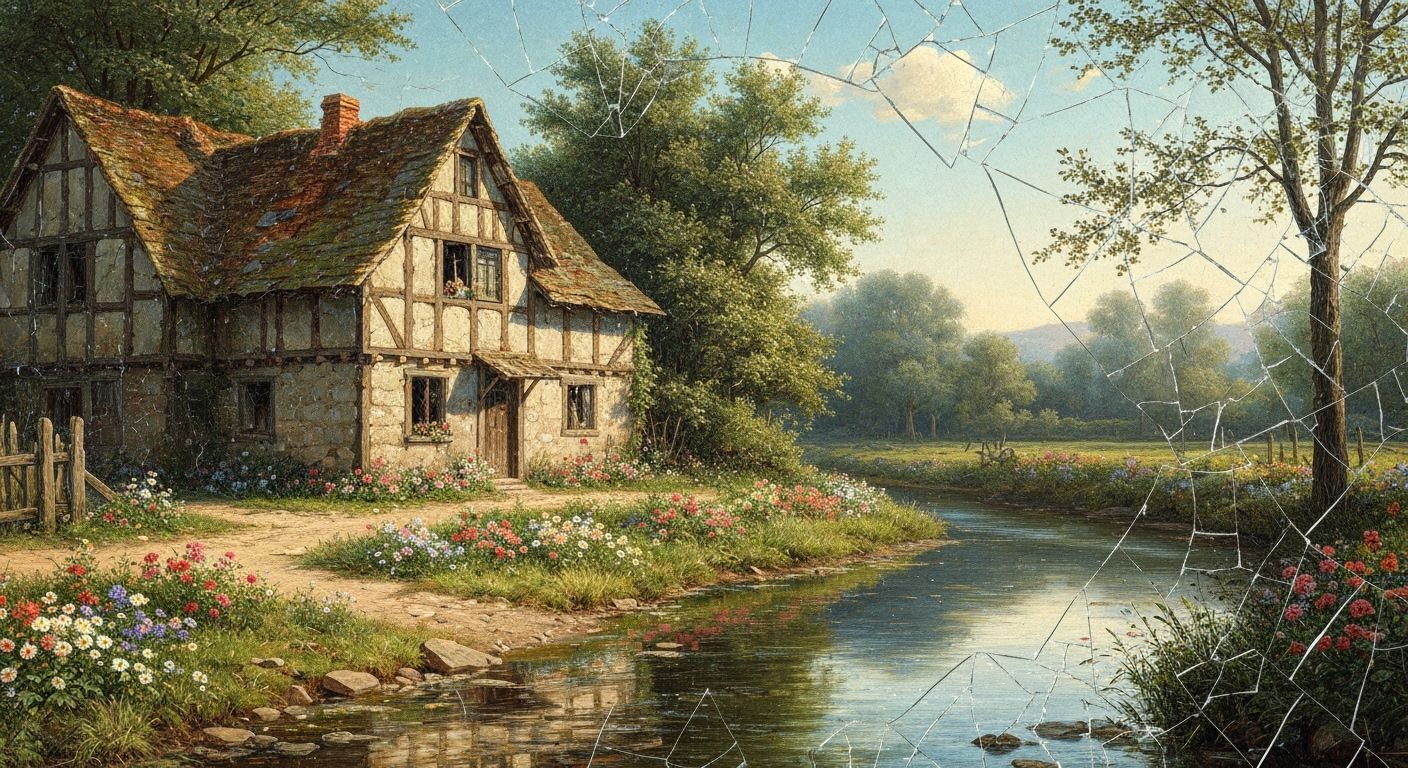 Destroyed Cottage by Stream in Broken Glass Style