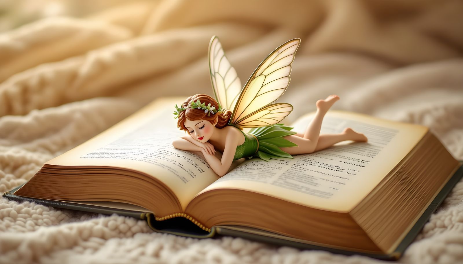 Miniature Fairy Reading on Giant Book Page