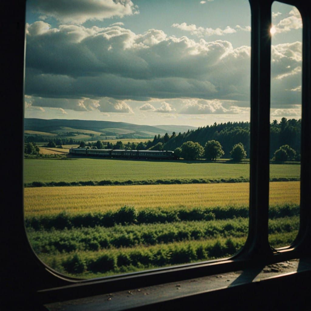 Vintage Train Window View: Rolling Countryside Panorama