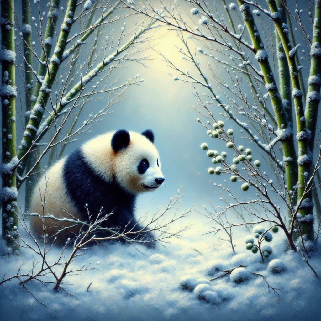 Giant Panda in Snowy Bamboo Forest
