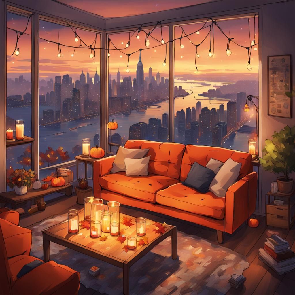 Cozy Anime Living Room Overlooking New York City