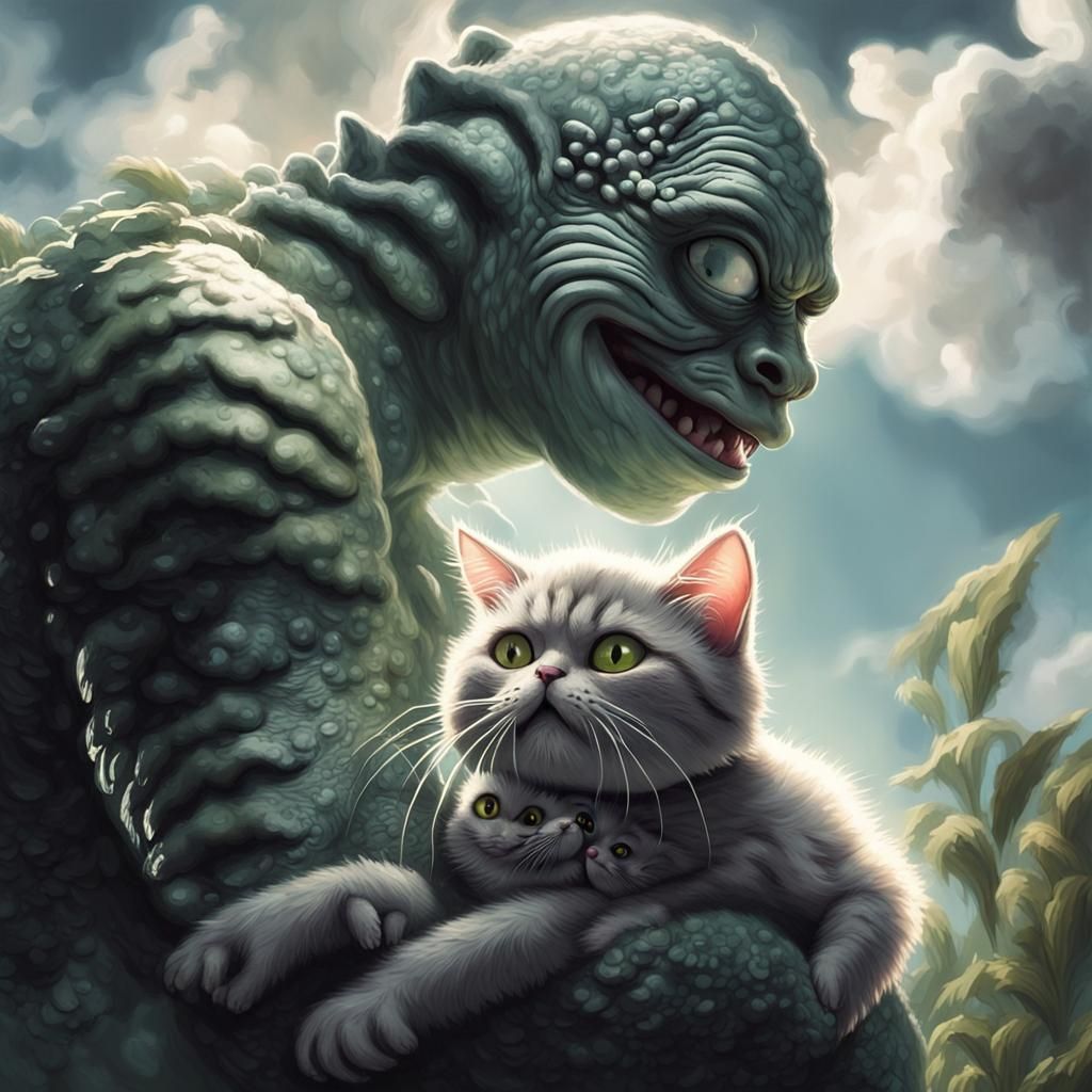 Black Lagoon Creature Hugs Fuzzy Cat: Hyperrealistic Art