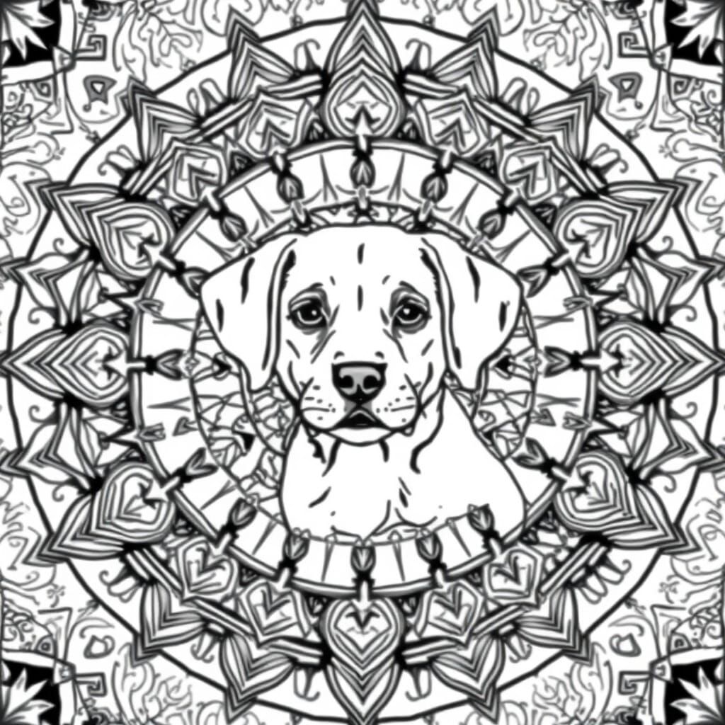 Intricate Mandala Design Featuring Yellow Lab Puppy