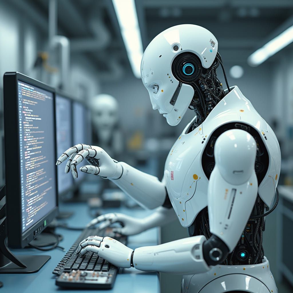Futuristic Lab: Robot Assembling AI in Cyberpunk Style