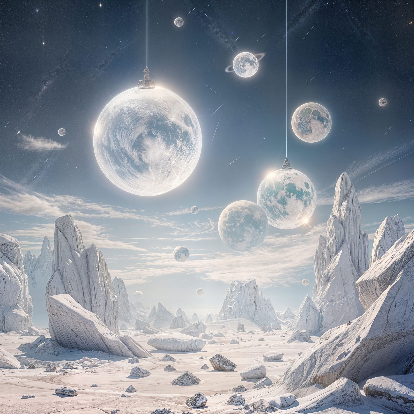 Crystal Skies Apocalypse with Pyramids and Glowing Planets