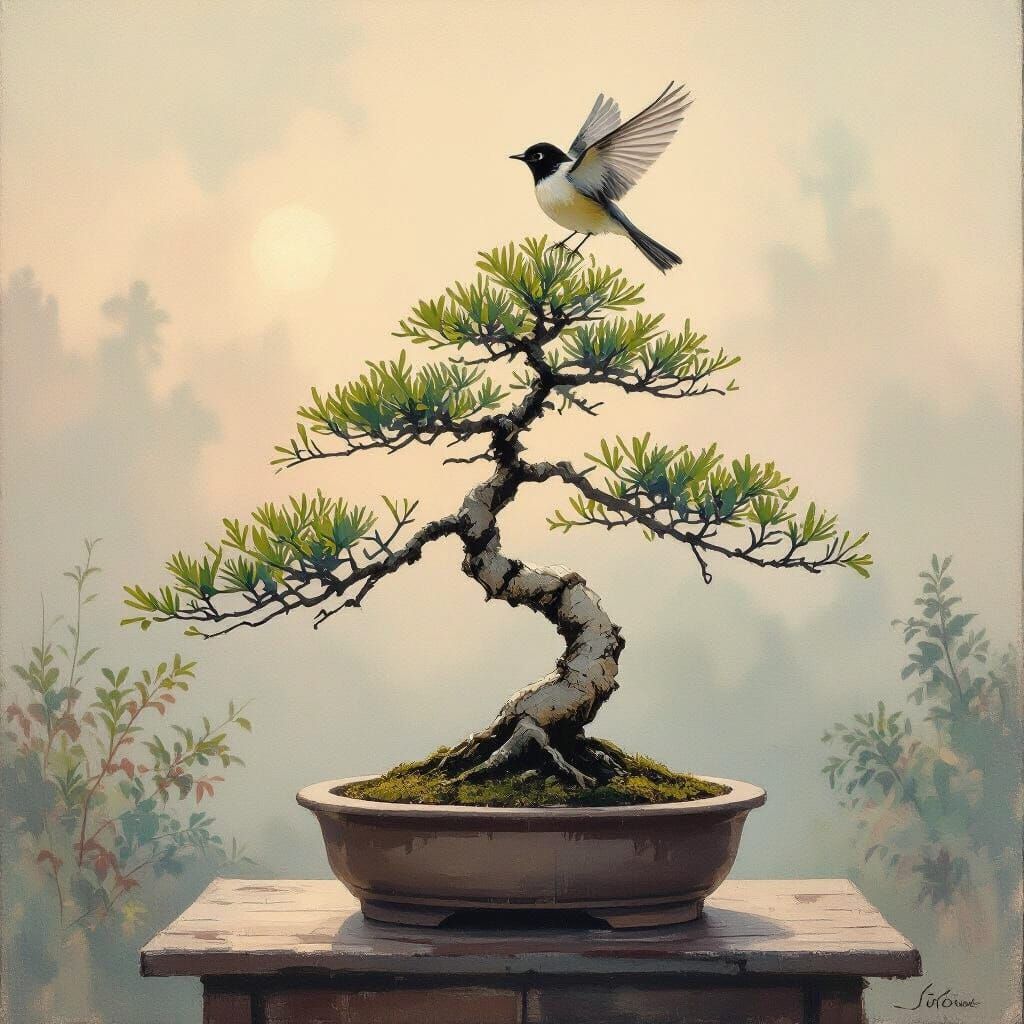 Impressionistic Bonsai Tree with Bird in Flight