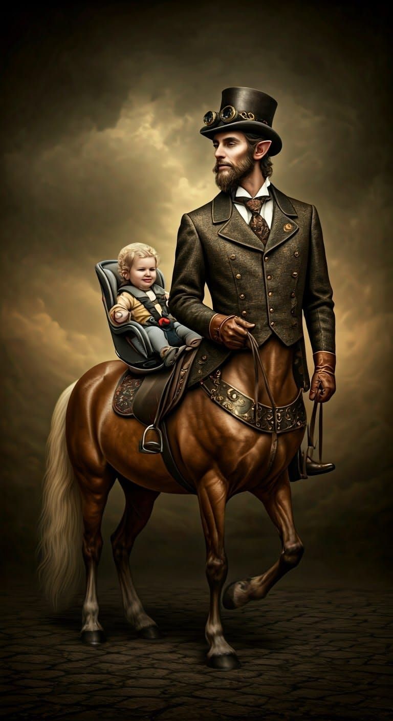 Steampunk Centaur Gives Toddler Ride in Car Seat