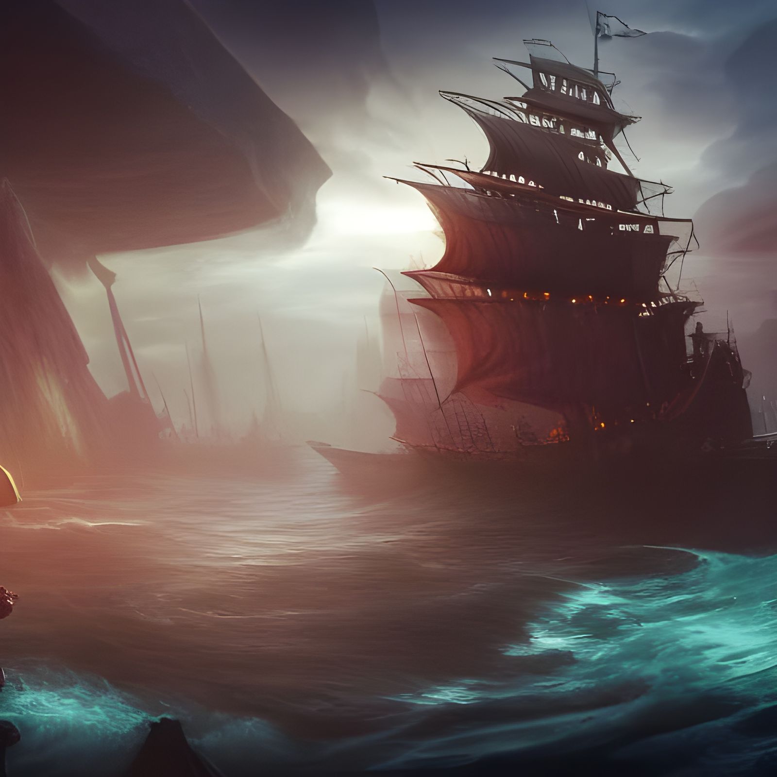 Pirate ship in a misty environment