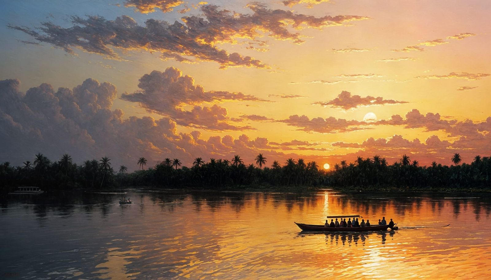 Vibrant Tropical Sunset Oil Painting with a Serene Boat