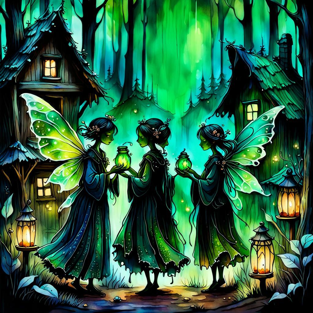 Dark Fairies Leave Changeling: Alcohol Ink Illustration
