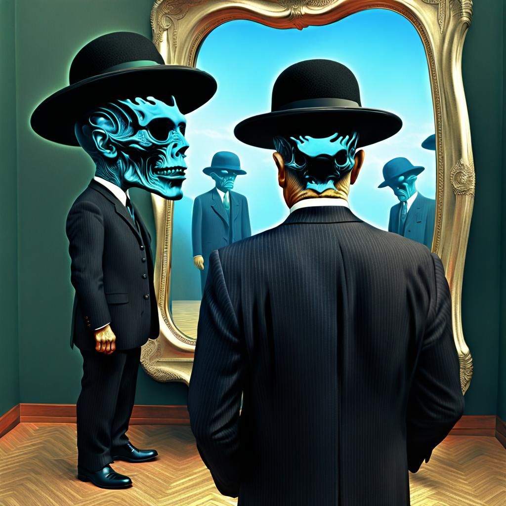 Surreal Bowler Hat Man and Alien Reflection