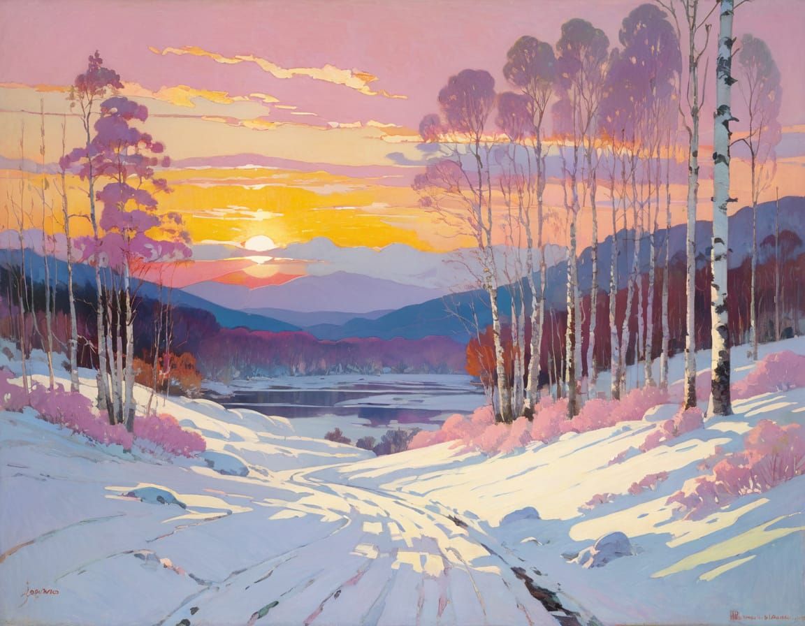White Birch Trees at Pink Sunset Winter Landscape