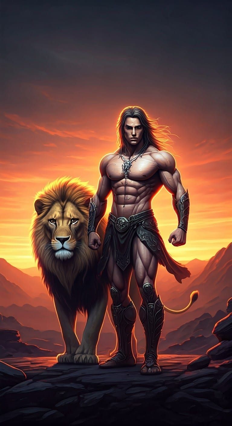 Man and Lion in Harmony: Hyperdetailed Landscape