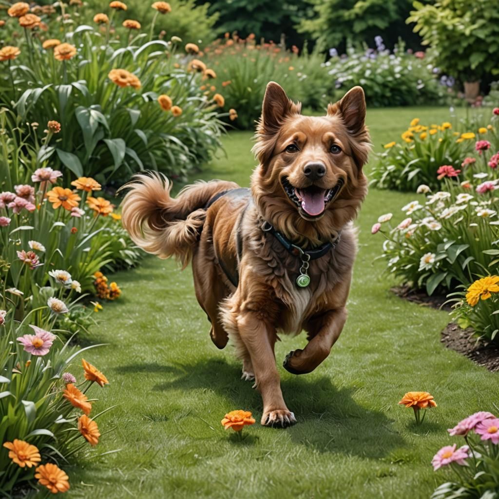 Dog with Cybernetic Implants Playing in Garden