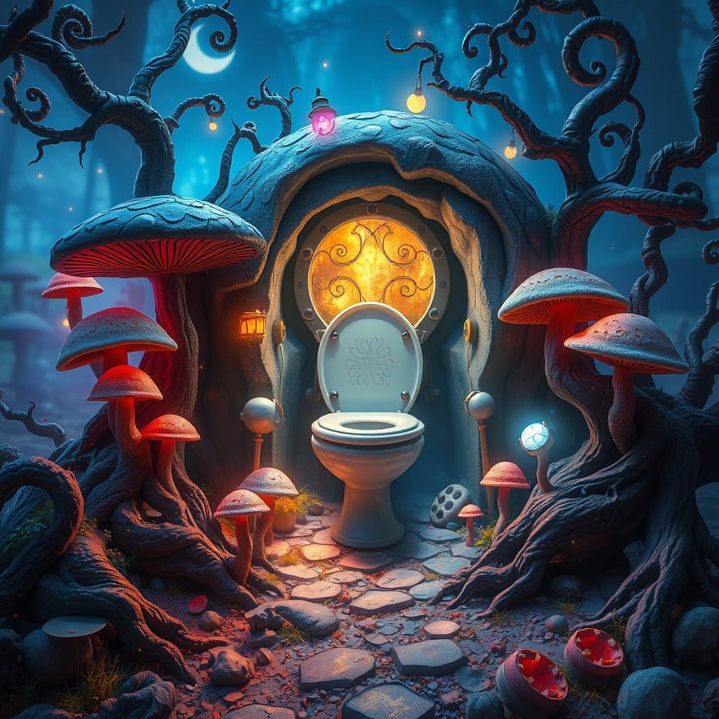 Whimsical Steampunk Portal Toilet in Dreamlike Landscape