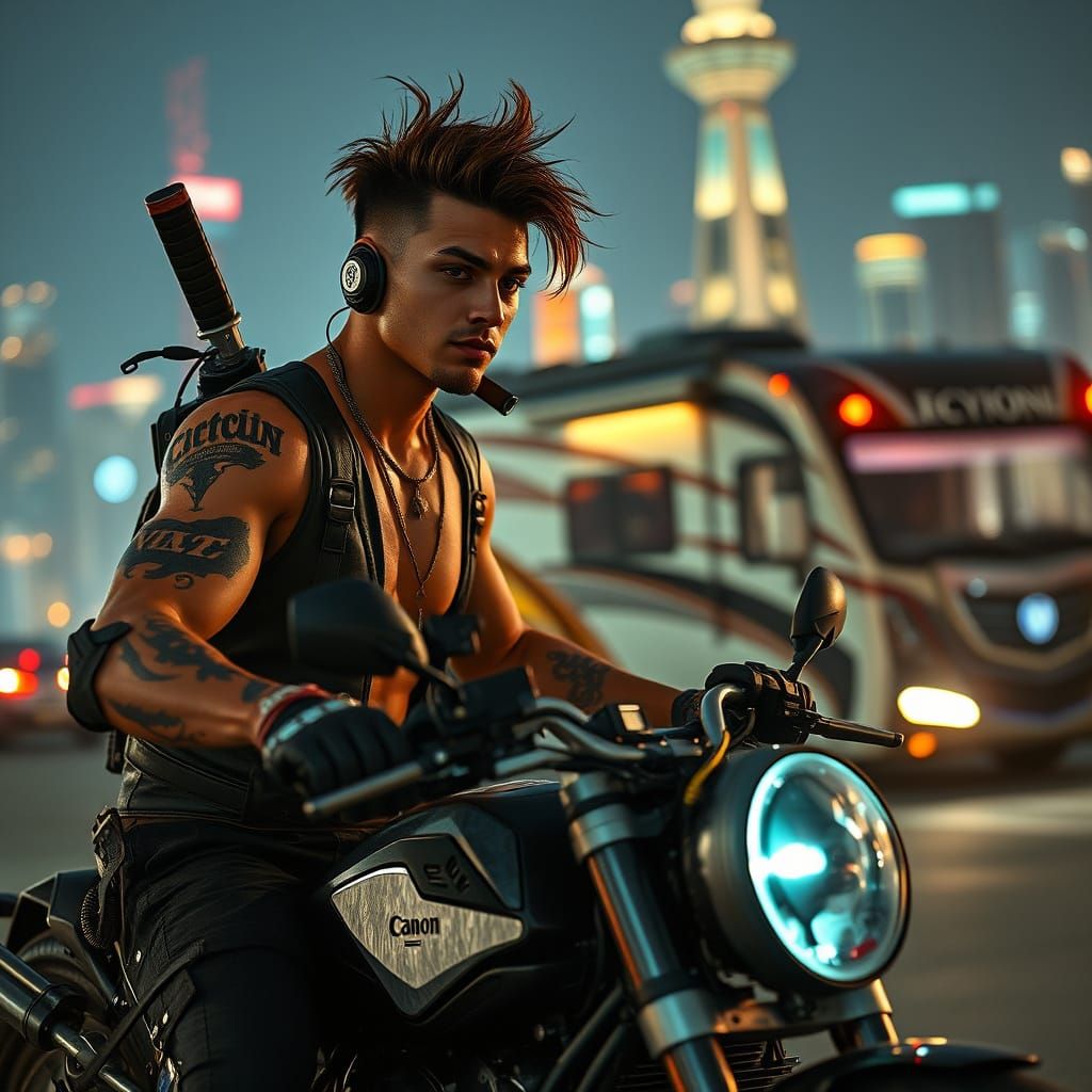 Cyberpunk Nomad Rides Through Dystopian Future City