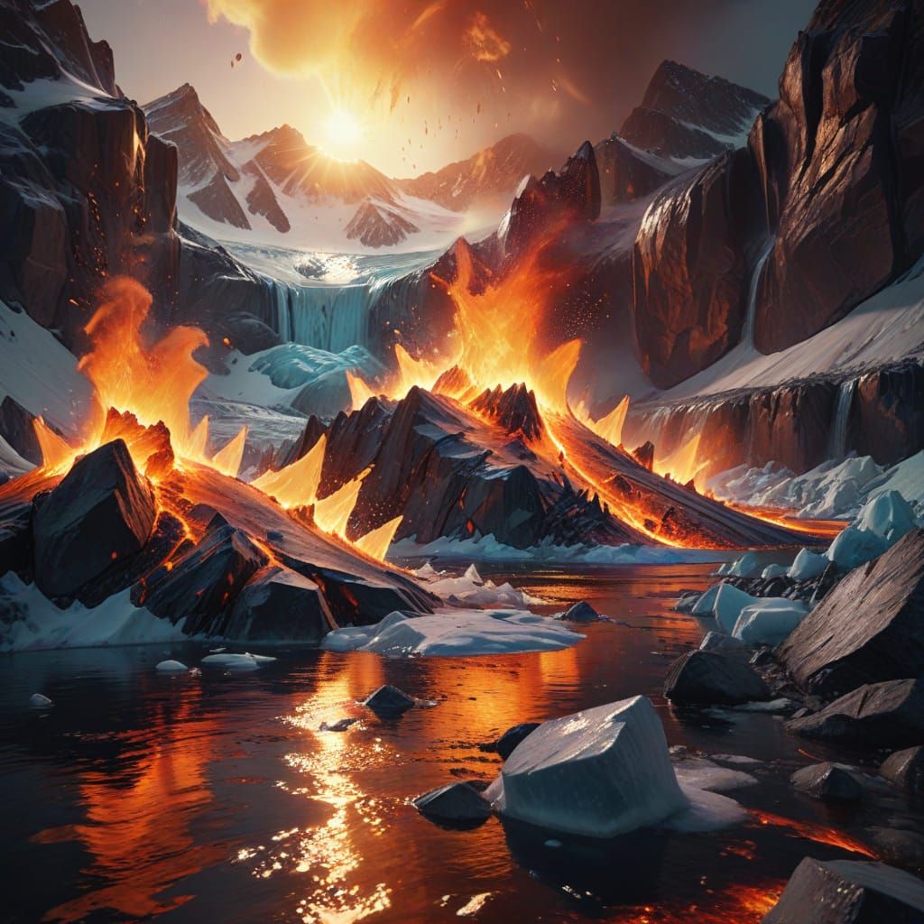 Glacier Calving into Fiery Lake: Digital Matte Painting
