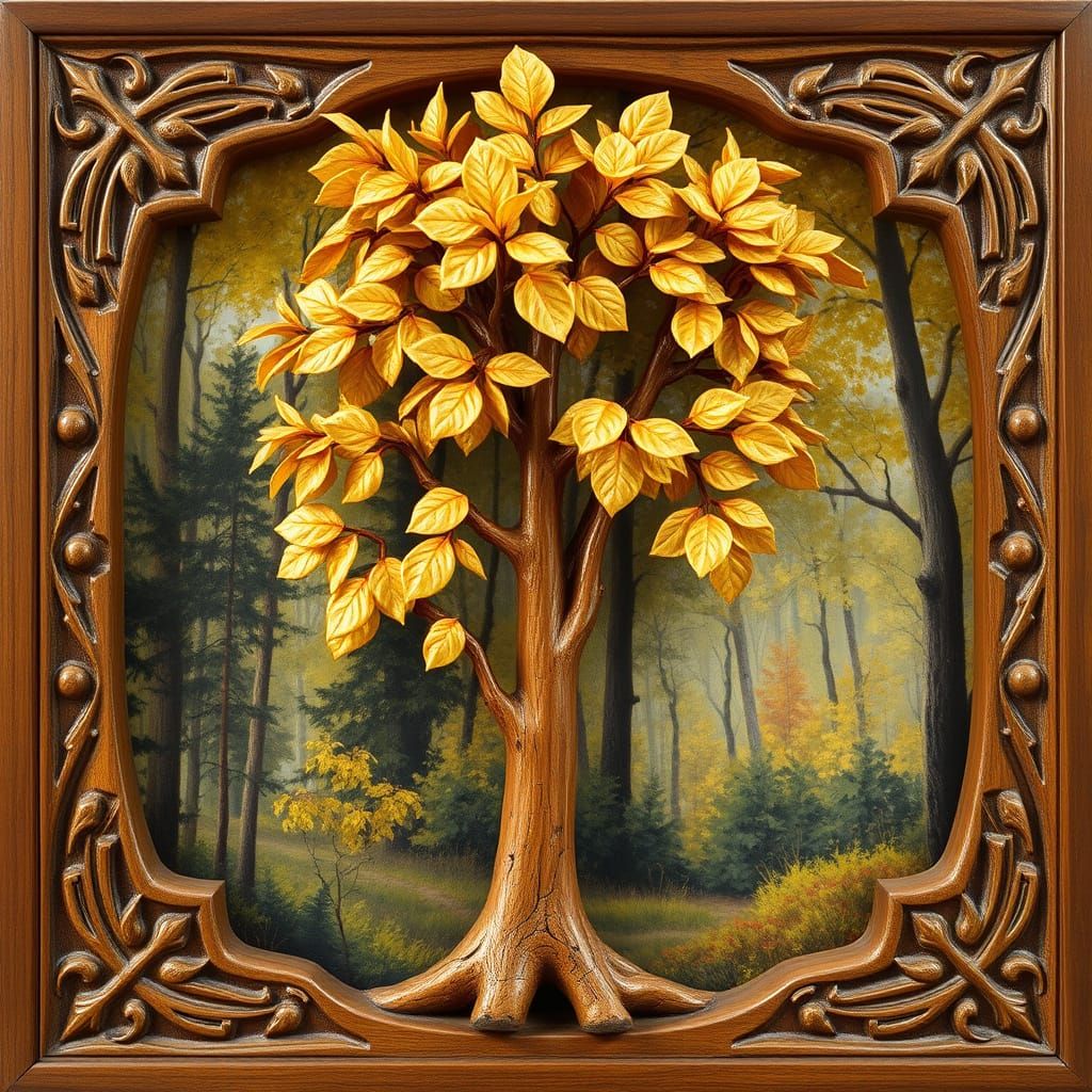 Golden Aspen Wood Figurine with Impressionist Backdrop