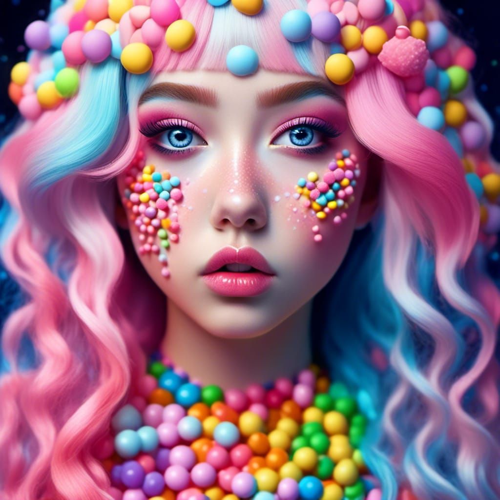 Candy Woman with Rainbow Hair in Pop Surrealism