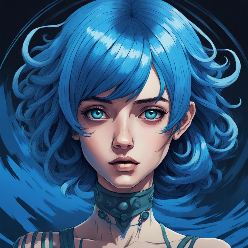 Blue-Haired Maiden in Psychedelic Manga Style