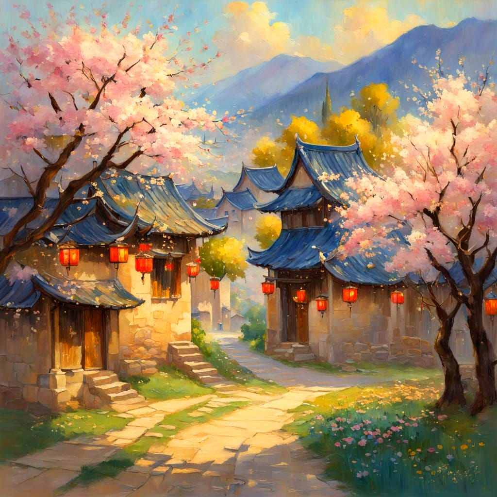 Blossoming Chinese Village in Painted Drip Style