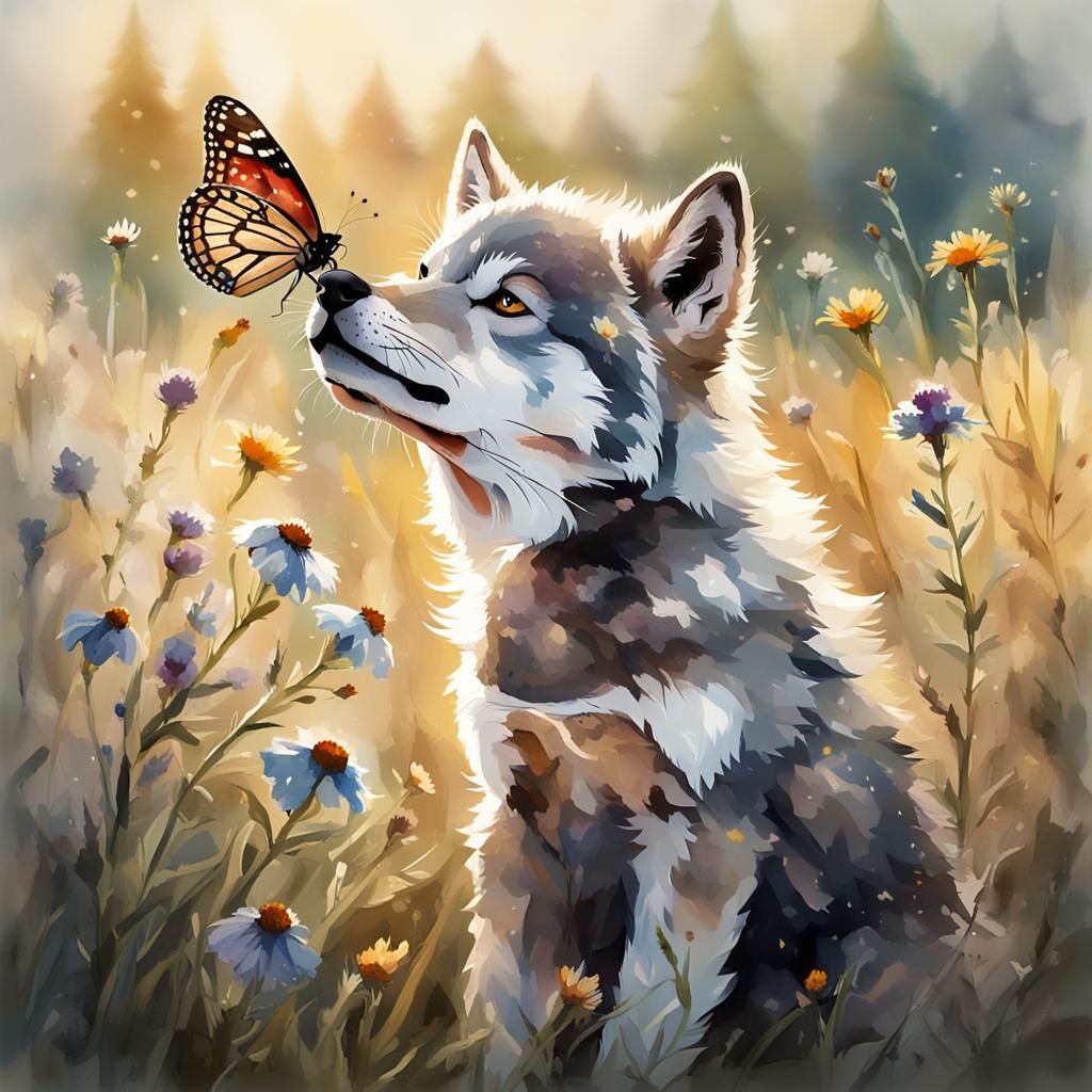 Wolf Cub's Tender Moment: Cinematic Watercolor