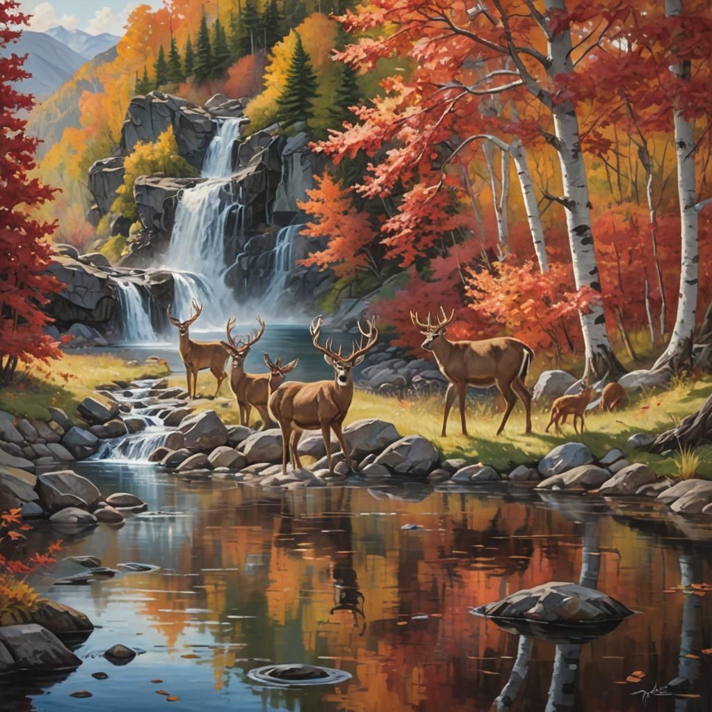 Deer Family at Pond, Oil Painting Landscape
