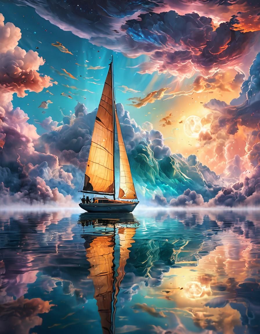 Sailboat Glides on Lake of Clouds in Dreamscape