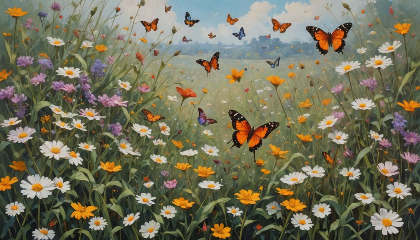 Butterfly Double Exposure: Field of Flowers in Oil Paint