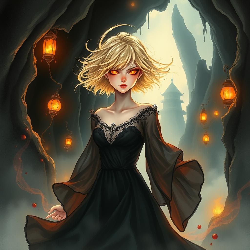 Fiery Ghost Figure in Ethereal Cavern