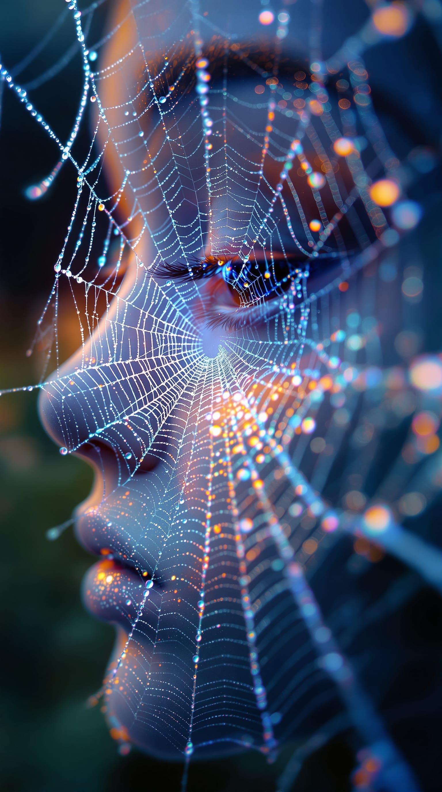 Intricate Web Face with Morning Dew in Sunrise Colors