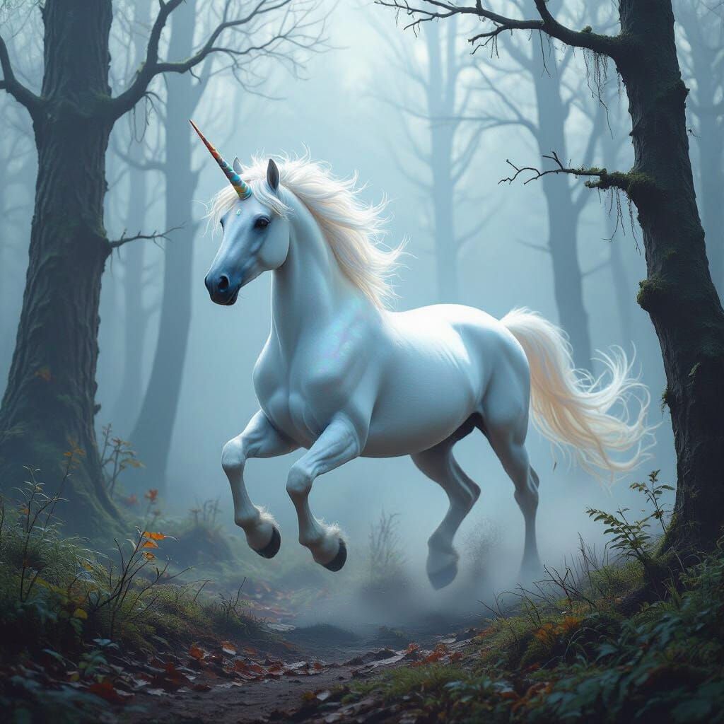 Ethereal Unicorn Galloping Through Misty Forest