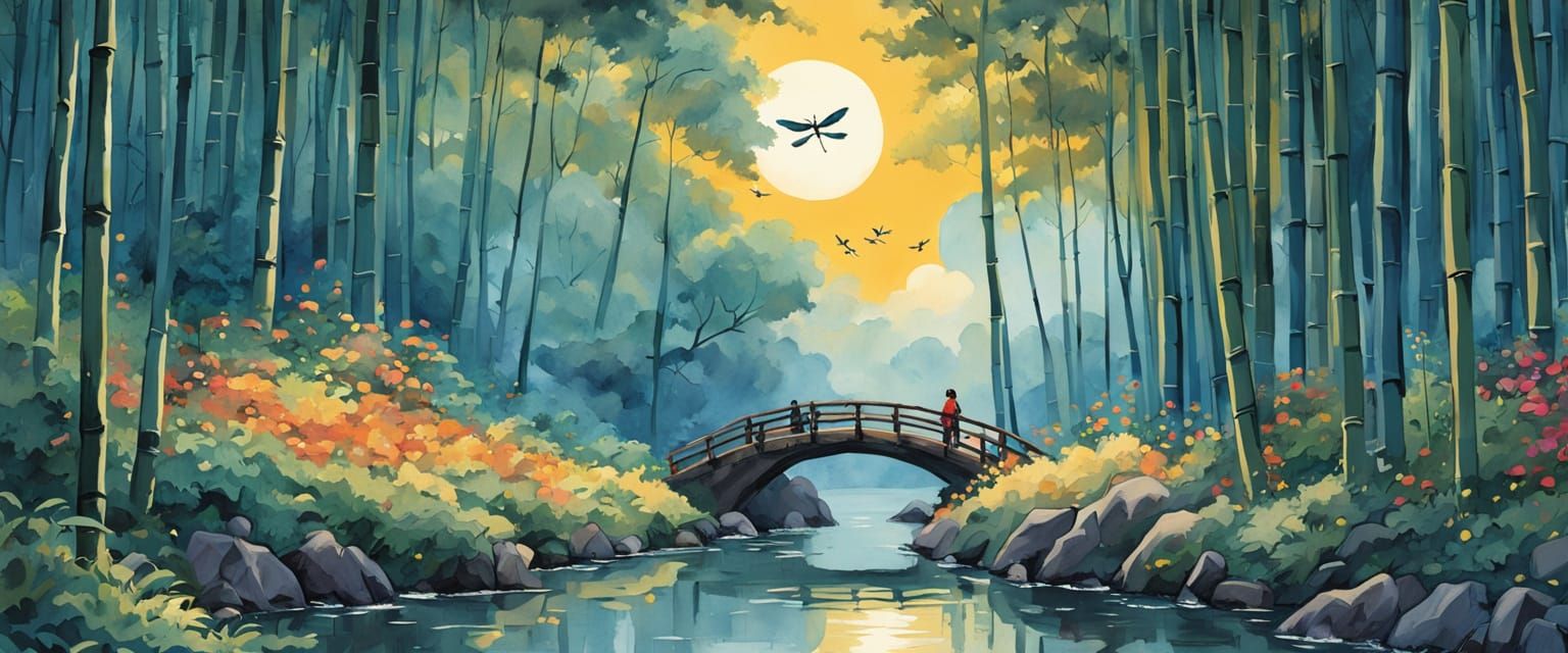 Black Torii Gate in Bamboo Forest with Dragonfly