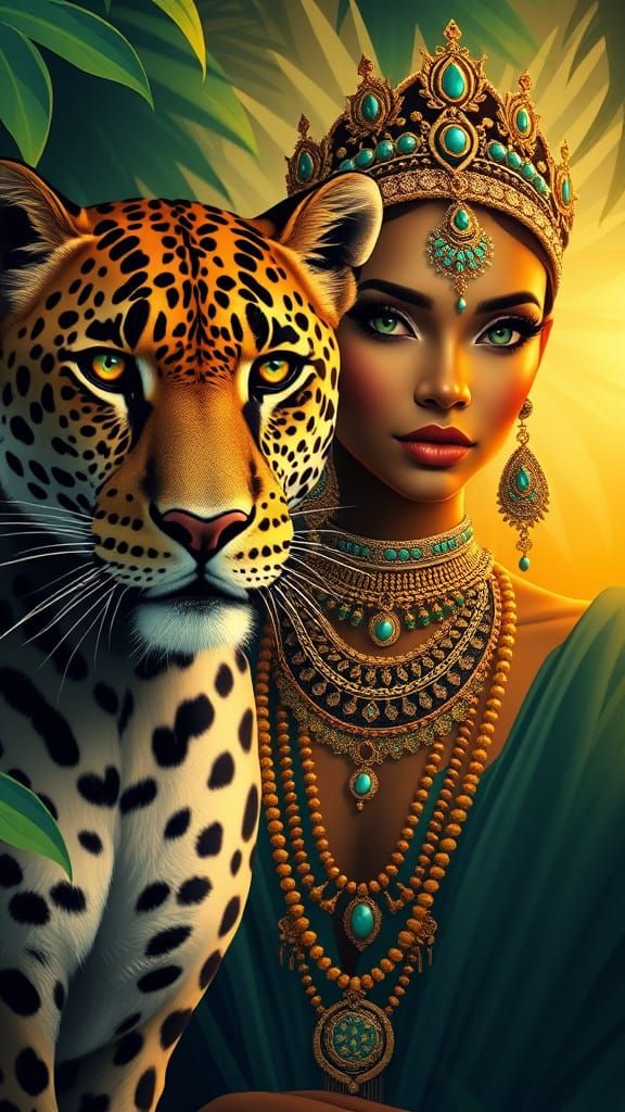 Regal Woman and Leopard in Jungle Vector Art