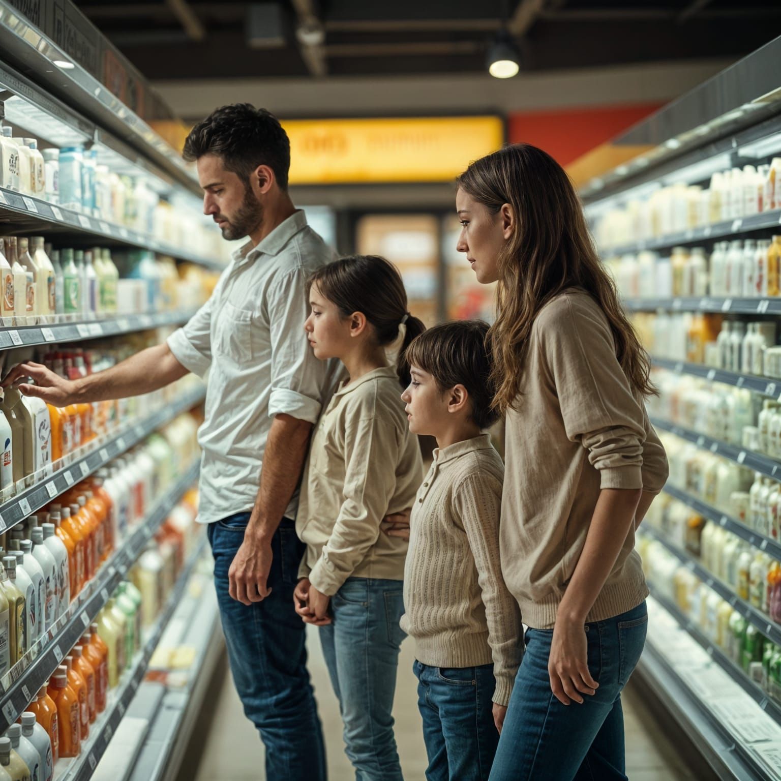 Family Shampoo Shopping: Realistic Cinematic Film Still