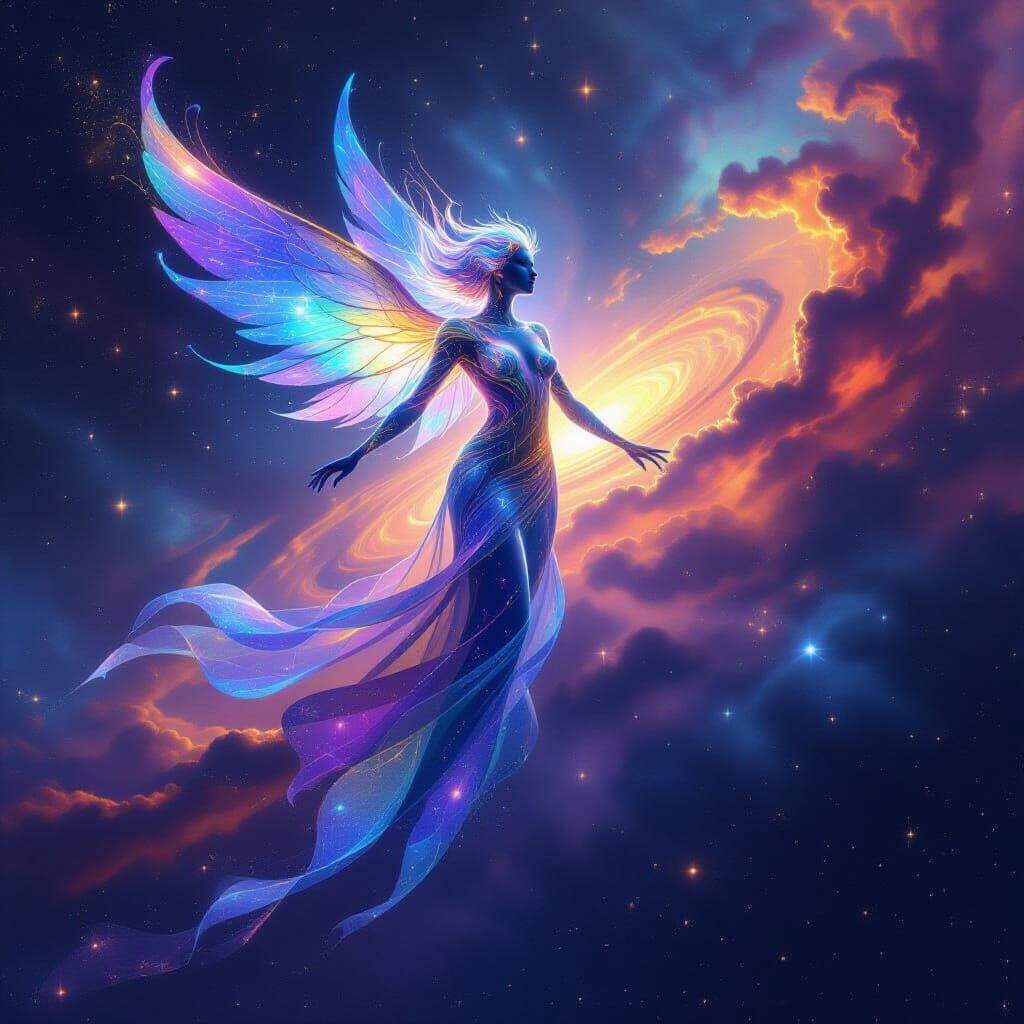 Iridescent Celestial Being in Cosmic Illustration