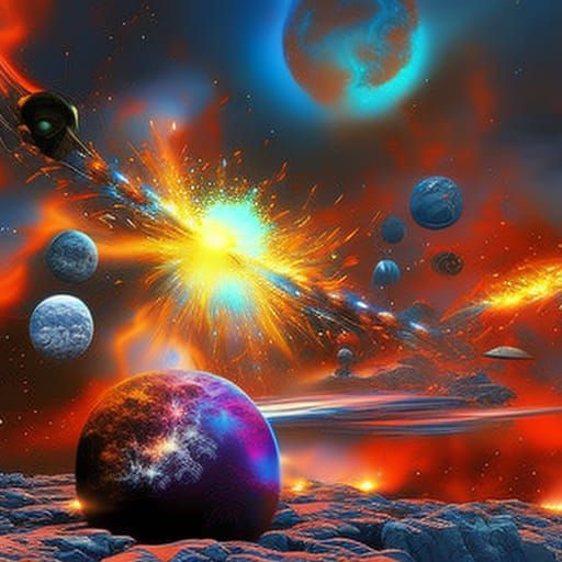 Explosive Planet in Colorful Outer Universe: Digital Art