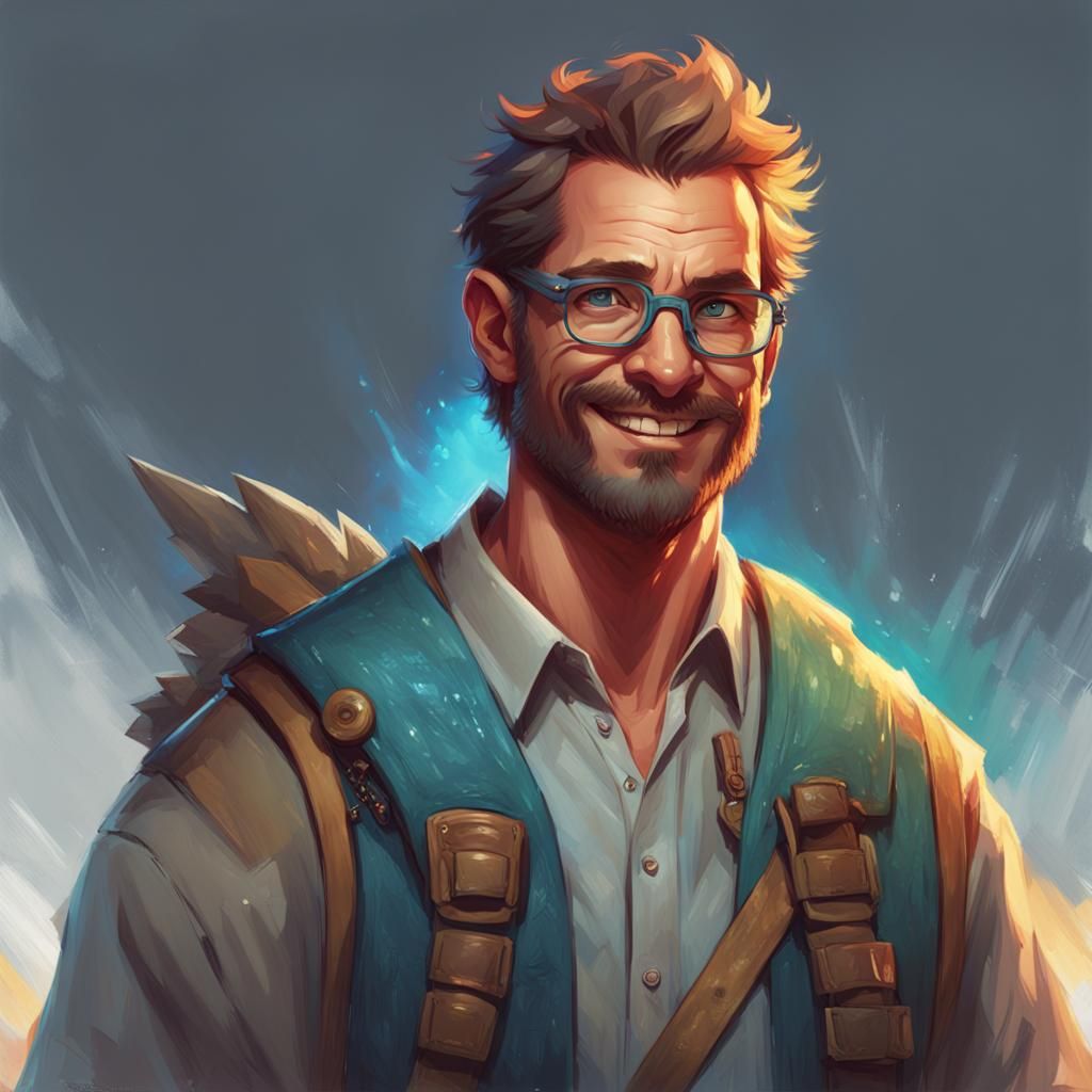 Smiling Man with Iridescent Spectacles: Hyperdetailed Portra...