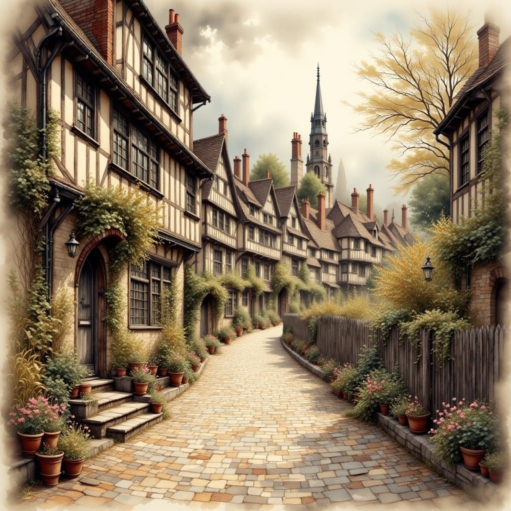 Medieval English Town in Watercolor Style
