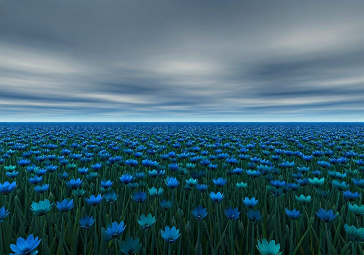 Vibrant Blue Fantasy Flowers in Digital Landscape