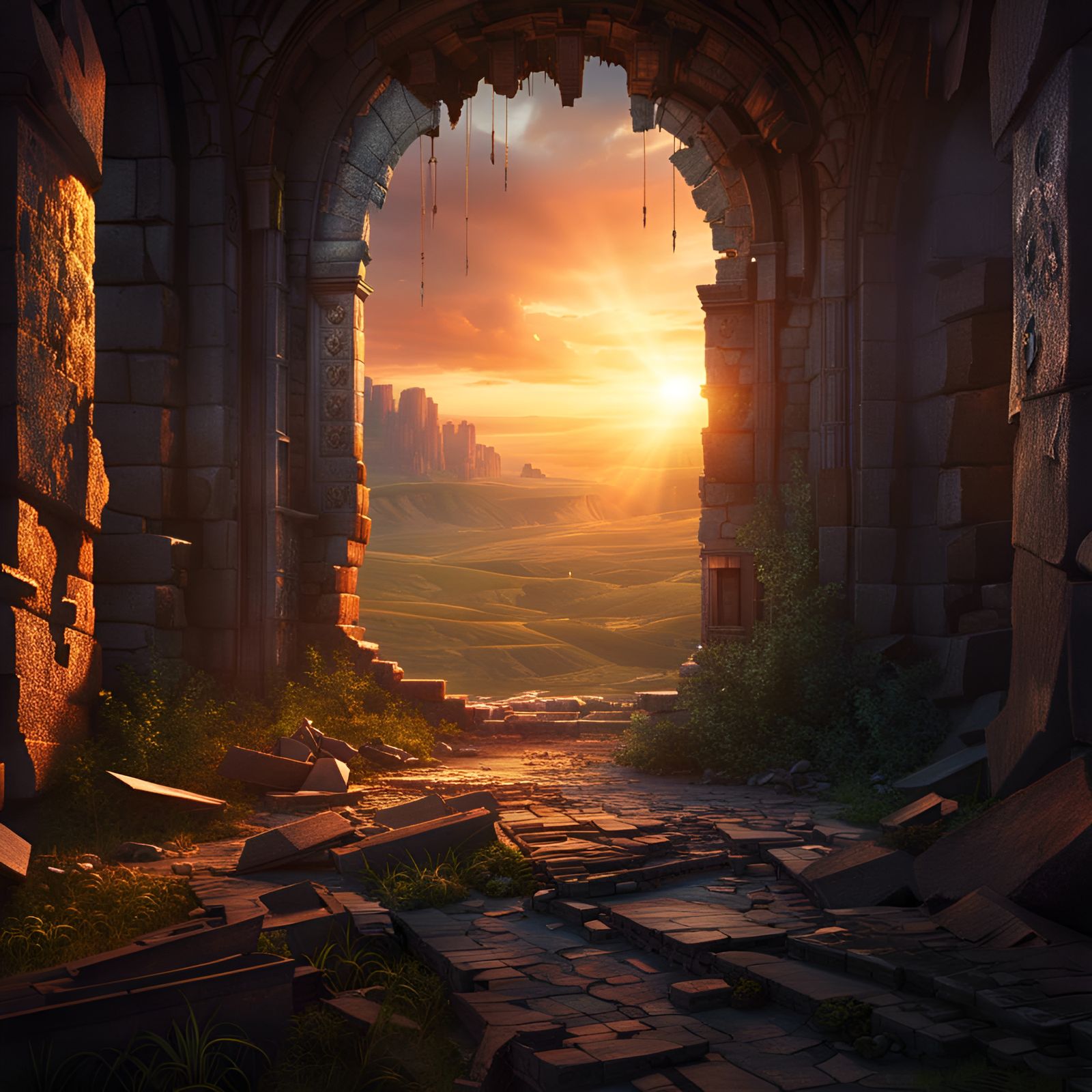 Epic Sunset Over Ruins in Digital Matte Painting