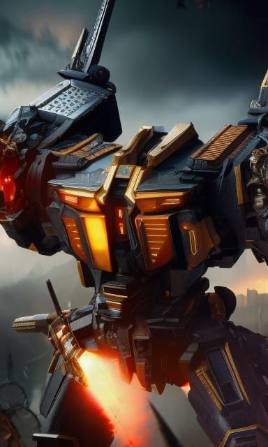 Intricate Warframe Mech in Vibrant Colors