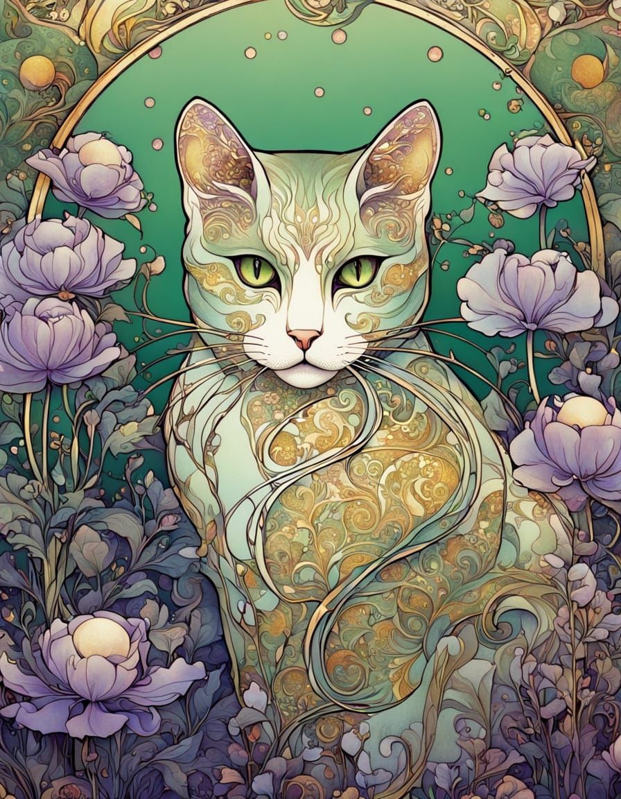 Art Nouveau Cat Among Flowers with Dripping Ink
