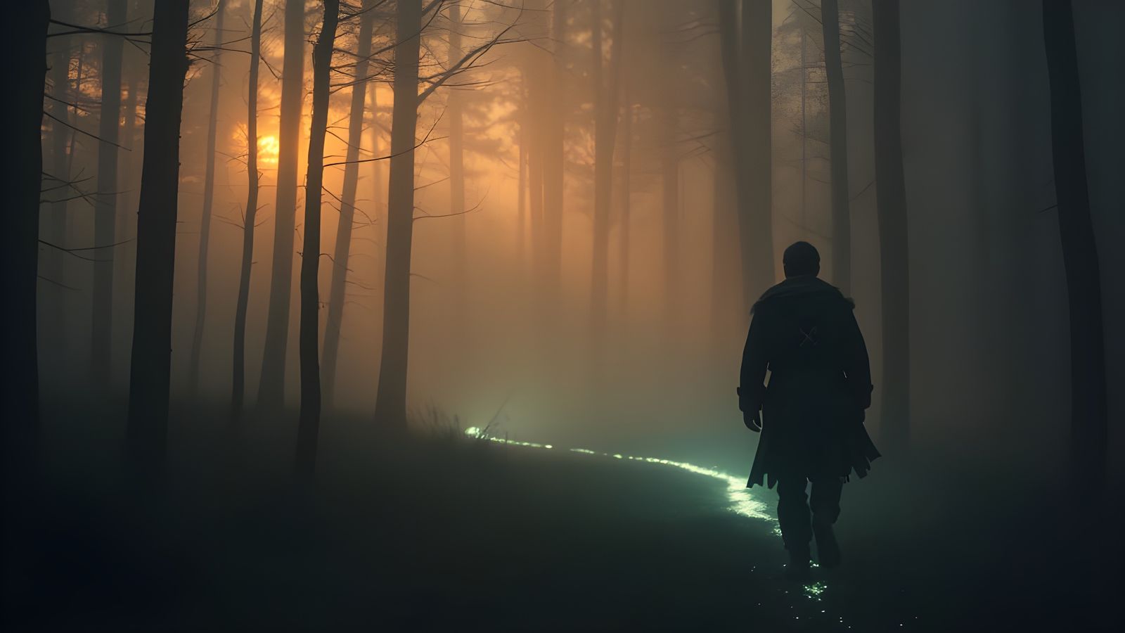 Mystical Traveler Guided by Light in Misty Forest