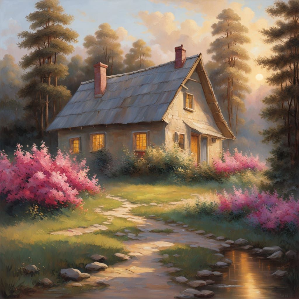 Idyllic Cottage Garden in Realistic Oil Painting