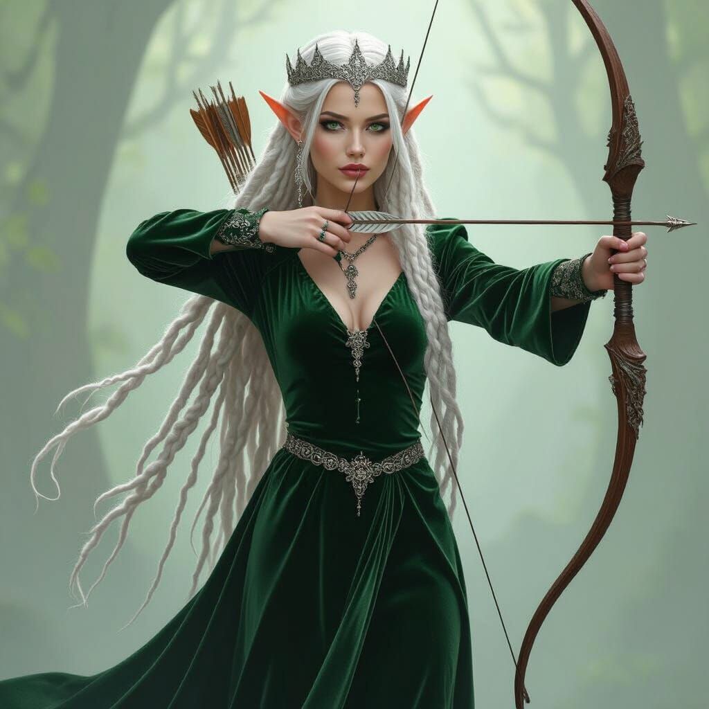 Elf Princess with Silver Dreads Holds Bow and Arrow