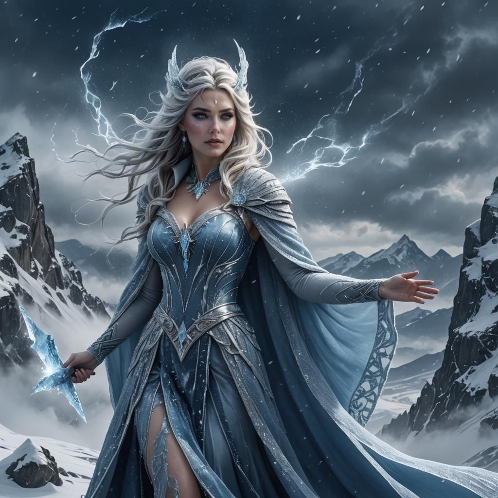 Icy Sorceress Conjuring Blizzard: Digital Portrait